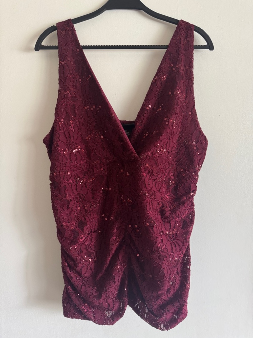 Torrid Size 0 L 12 Sleeveless tank top w/ lace ruched sequined maroon burgandy